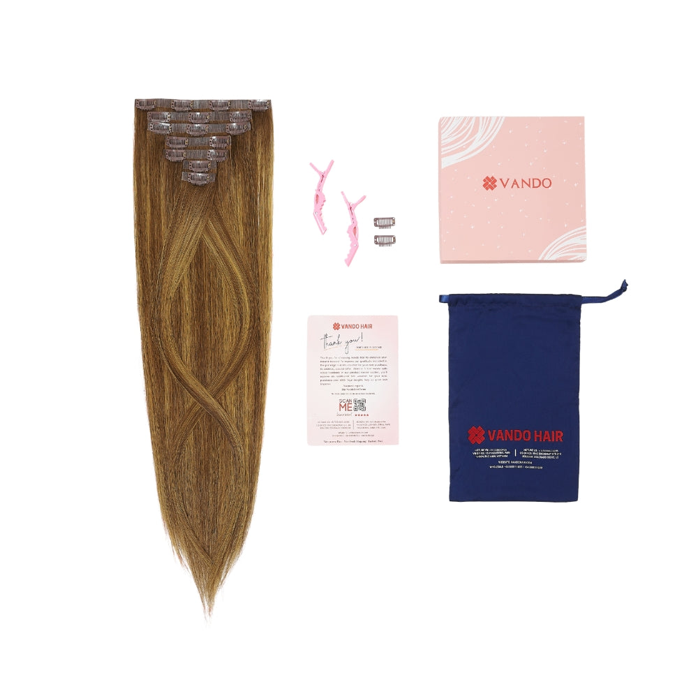 Invisible Clip In Hair Extensions, Virgin Human Hair Chocolate Brown to Caramel Blonde