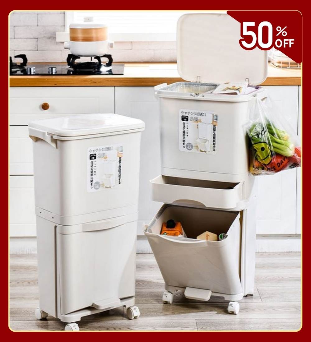 Vando 3-Compartment Smart Trash Can with Lid, Pedal & Wheels