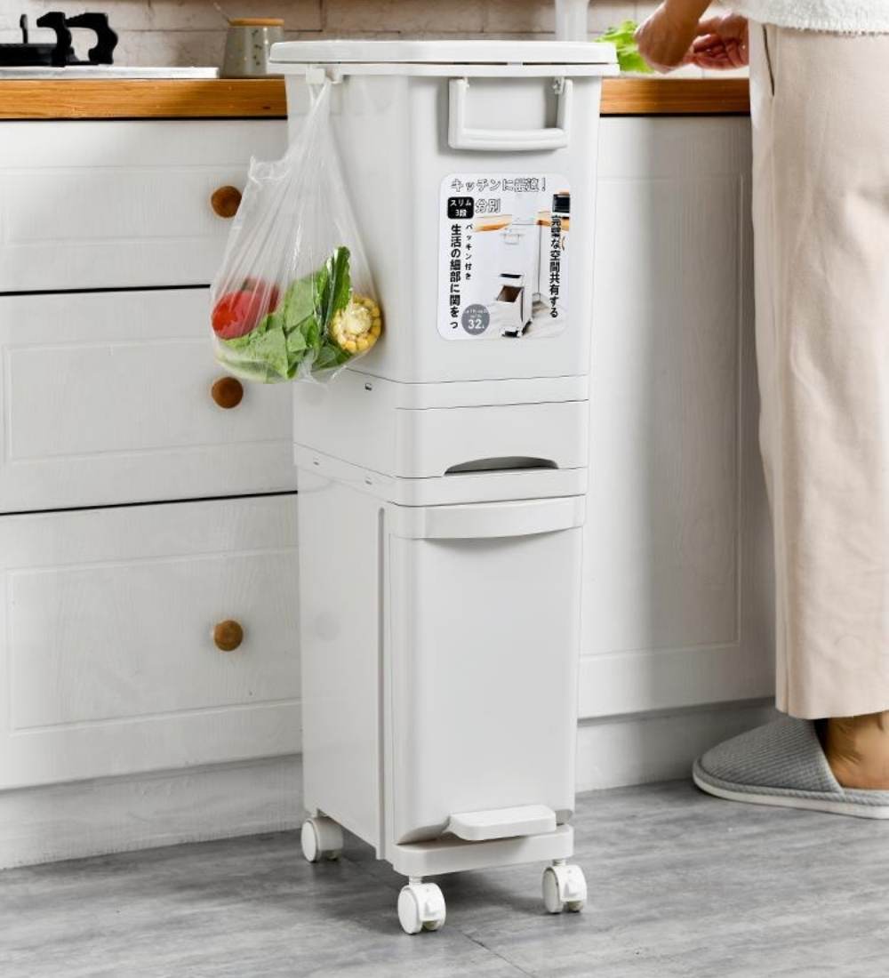 Vando 3-Compartment Smart Trash Can with Lid, Pedal & Wheels