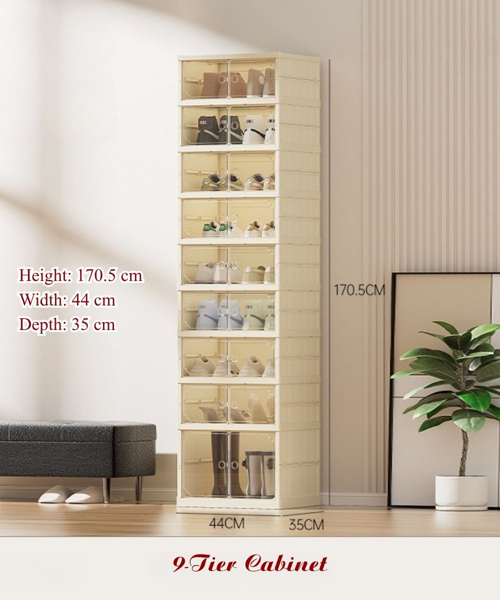 Vando Foldable Shoe Rack Cabinet – 6/9 Tier Plastic Organizer with Doors & Wheels – Fits 29–36 Pair