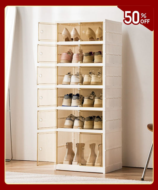 Vando Foldable Shoe Rack Cabinet – 6/9 Tier Plastic Organizer with Doors & Wheels – Fits 29–36 Pair