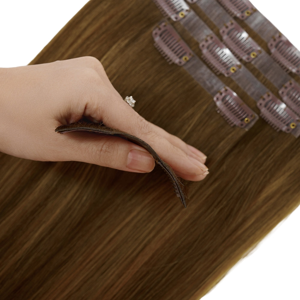 Invisible Clip In Hair Extensions, Virgin Human Hair Chocolate Brown to Caramel Blonde