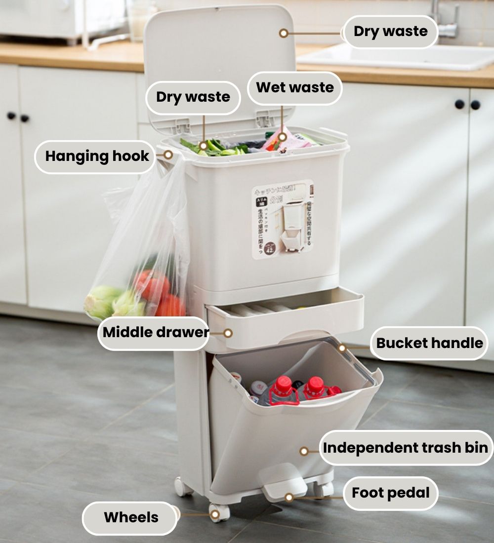 Vando 3-Compartment Smart Trash Can with Lid, Pedal & Wheels