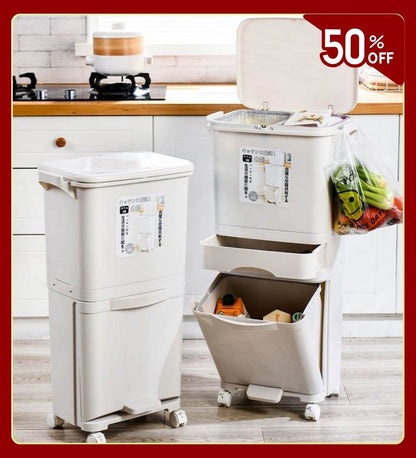 Vando 3-Compartment Smart Trash Can with Lid, Pedal & Wheels