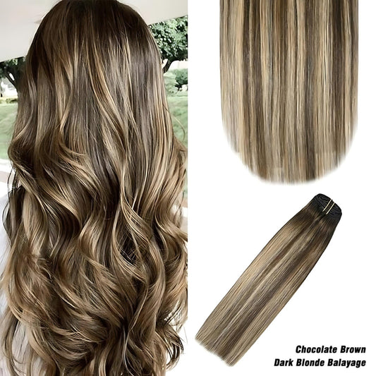 Schokoladenbraune, dunkelblonde Balayage (#4T27P4) Unsichtbare Tape-In-Haarverlängerungen, 20 Stück