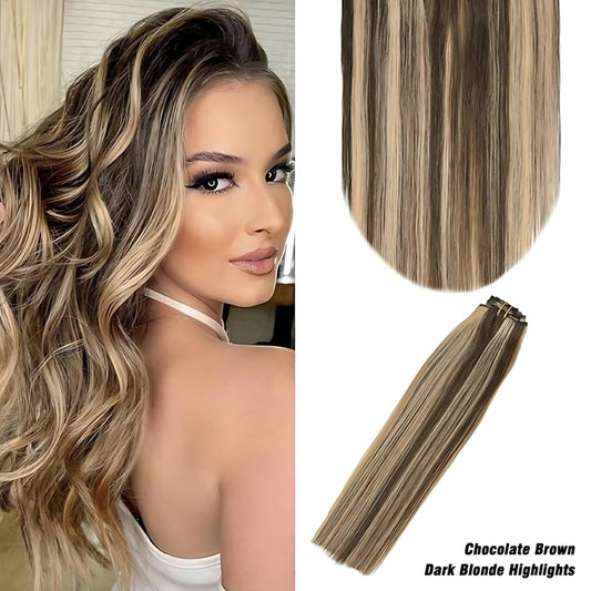 Schokoladenbraune, dunkelblonde Highlights (#4P27) Unsichtbare Tape-In-Haarverlängerungen, 20 Stück