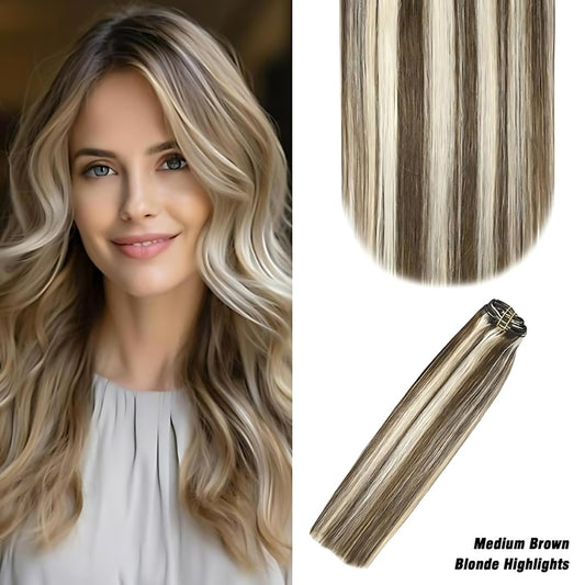 Mittelbraune blonde Highlights (#4P613) Unsichtbare Tape-In-Haarverlängerungen, 20 Stück