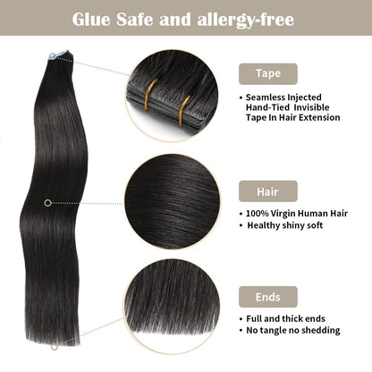 Invisible Seamless Injected Hand-Tied Tape In - 100% Virgin Human Hair - 20Pcs (#1)